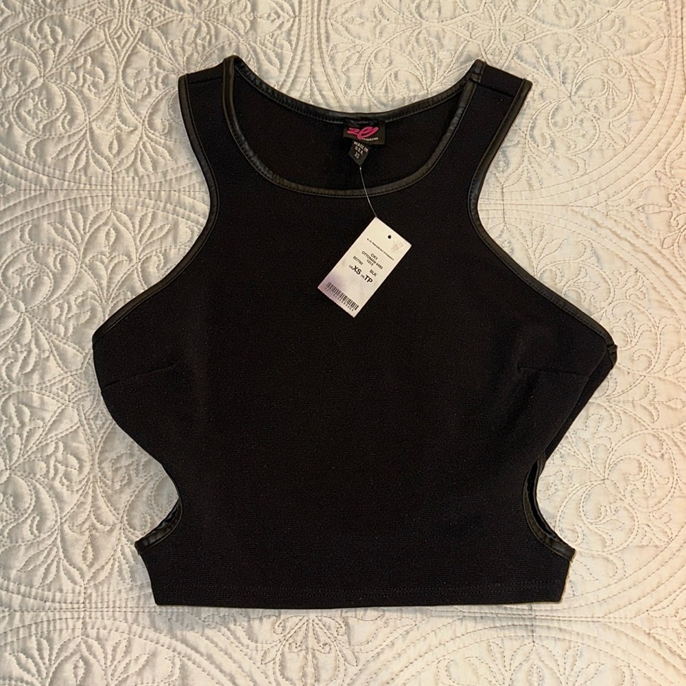 Black crop top with faux leather trim